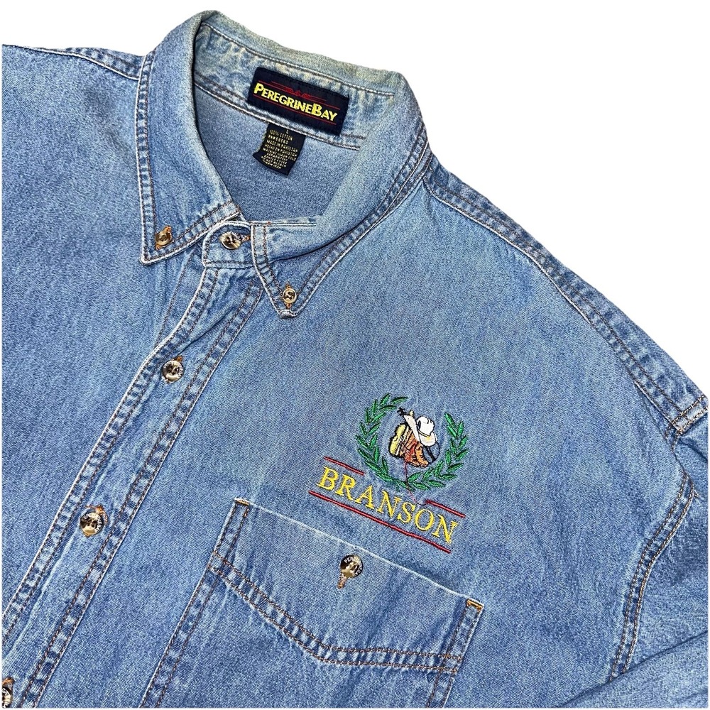 Vintage 90's Branson Button Up Denim Shirt Men's‎ L Cotton Embroidered Peregrine